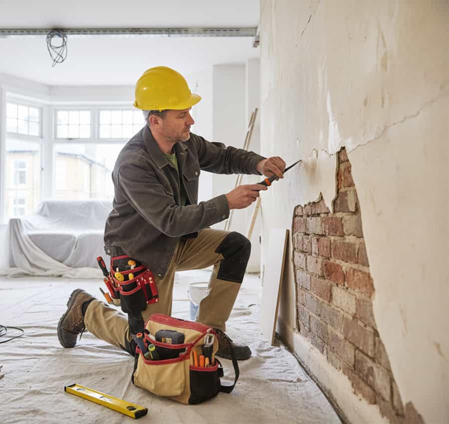 Tradesman working on a wall in a residential property, performing minor building works and ongoing support such as improvements, repairs, and property upgrades.
