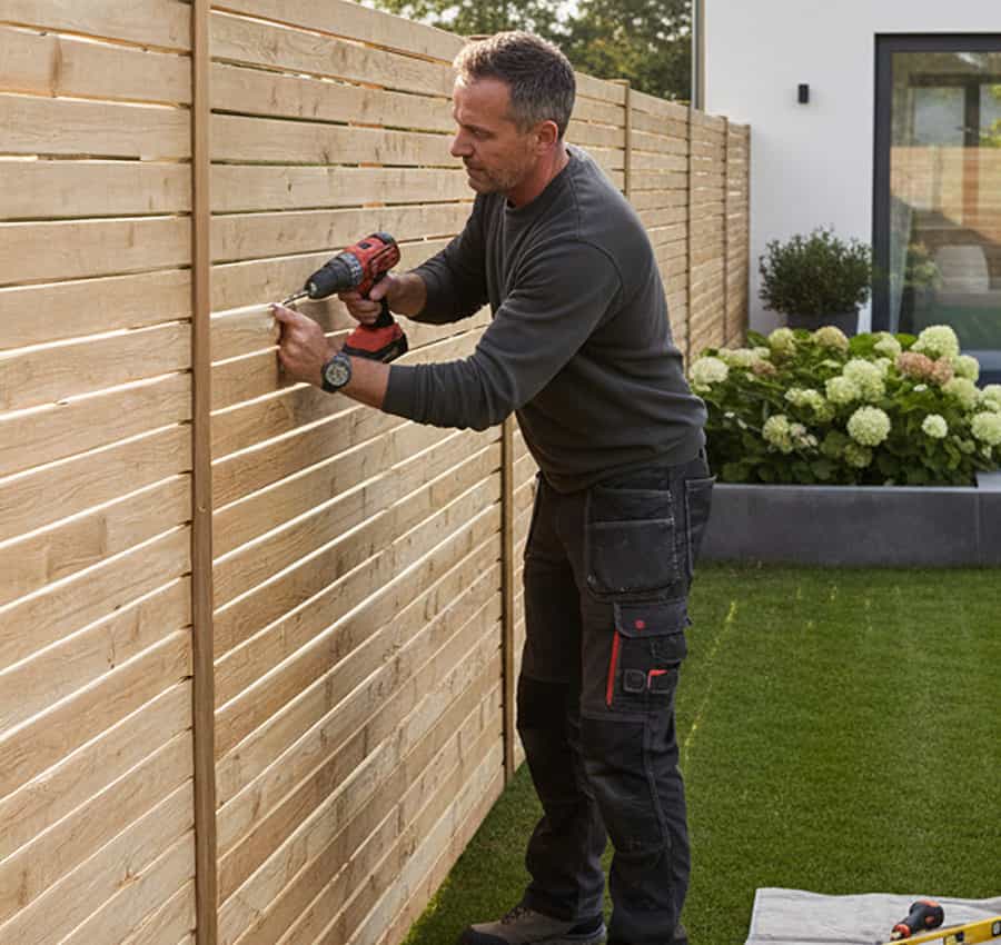 Tradesman repairing a fence as part of property maintenance and repair services, addressing everyday property issues and upkeep.