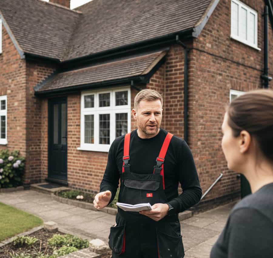 A builder in work clothes discussing home renovation plans with a homeowner outside a suburban house in Newbury, Berkshire.
